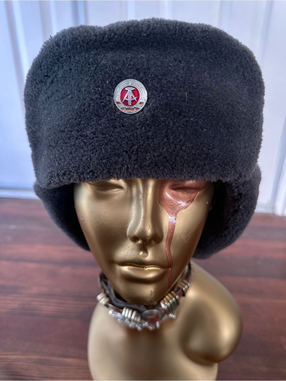 Black Faux Shearling Russian Style Hat with Red freemason pin Emblem